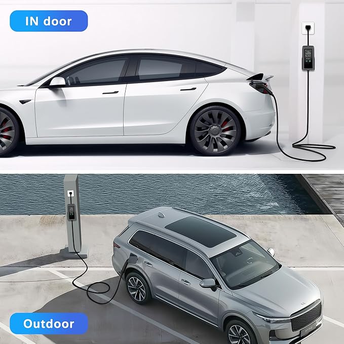 Level 1&2 EV Charger, 16Amp, Portable Charger for Home/Outdoor, 25FT Cable 110V-240V, J1772 Electric Cars, Charging Stations, Current Adjustable, NEMA 6-20 & NEMA 5-15 Adapter. Tesla Needs Adapter