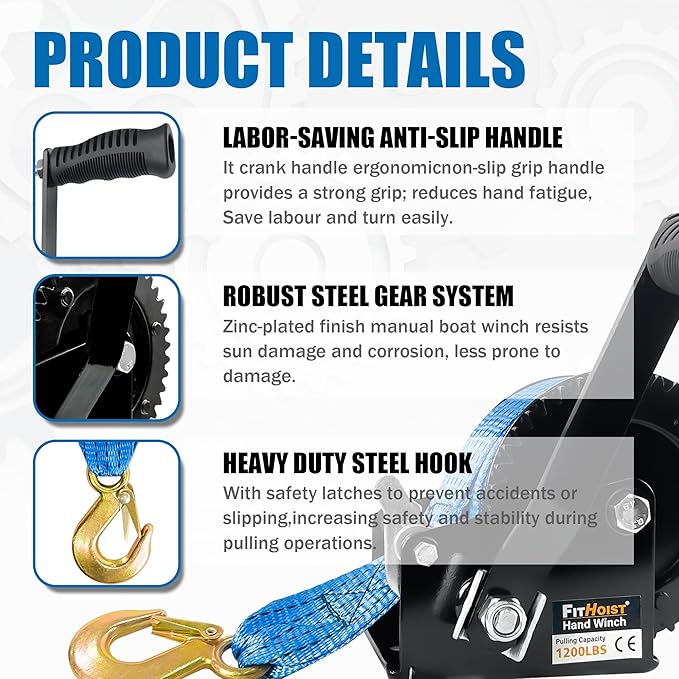 1200lbs Heavy Duty Boat Trailer Winch,Hand Winch with 33ft Blue Polyester Strap,4:1Gear Portable Winch with Hook,Two Way Ratchet and Two Speed Switchable for Boat Jet Ski Trailer