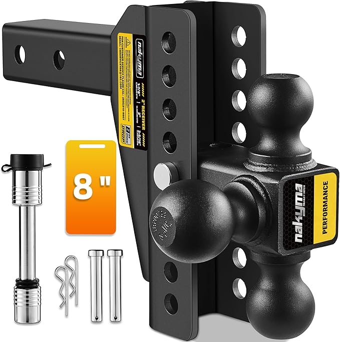 Adjustable Drop Hitch, 8 Inch Drop Trailer Hitch,Tri-Ball(1-7/8'', 2'', 2-5/16'') Hitch, Fits 2-Inch Receiver, Max 16,500 LBS GTW-Truck Trailer Hitch with Double Anti-Theft Pins Locks