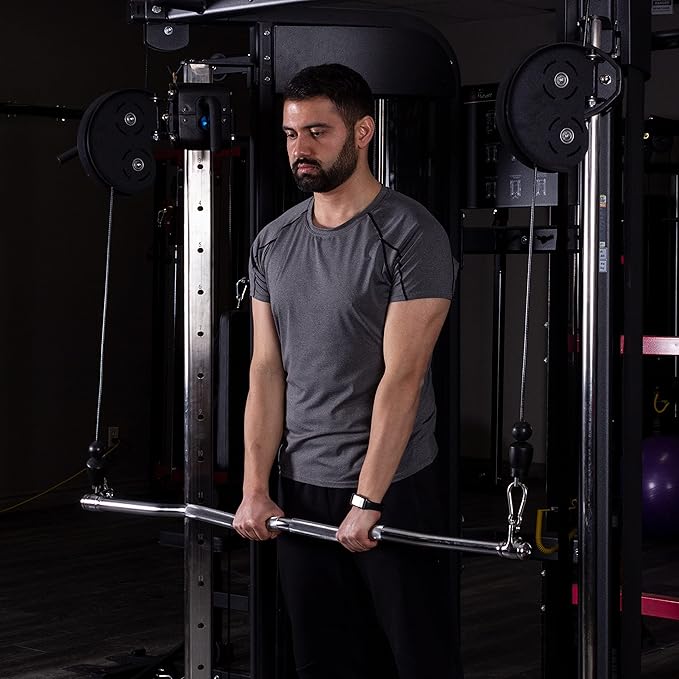 AmStaff 48" Straight Ez Curl Lat Pull Down Bar with Revolving Double Hook for Dual Pulley Cable Machines, Functional Trainer Multi-Purpose Attachment