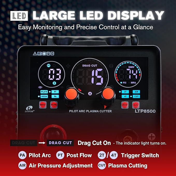 Series LTP8500 | 85A HF Pilot Arc Plasma Cutter, Drag-Cut Enabled, 1" Clean (1.5" Sever), 220V Single-Phase, LED Controls & Front Regulator, Portable Air Plasma Cutter for Fab, Auto, HVAC
