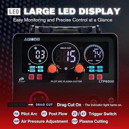 LOTOS LTP8500 85AMP Non-Touch Pilot Arc Plasma Cutter, Drag Cut Enabled, 1” 25mm Clean Cut, 1.5" 38mm Severance Cut, Metal Cut Machine, Plasma Cutting Equipment, 220V