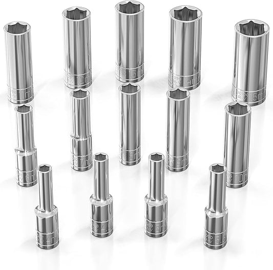 Olsa Tools Metric Deep Socket Set - 1/4-Inch Drive, 14pc - 6-Point Chrome Sockets from 4mm–15mm and No Skipped Sizes - Mechanic Deep Metric Socket Set - Professional Grade Long Sockets - Part: 1327
