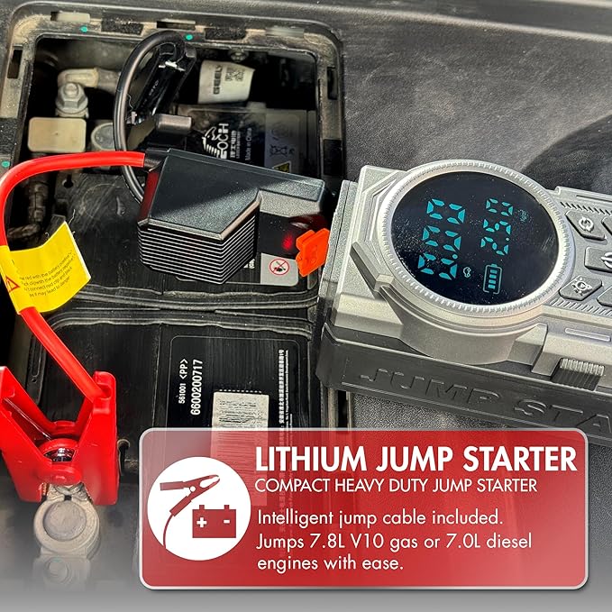 Wagan EL7603 iOnBoost V10 Air Jump Starter with Tire Inflator 1500A Peak 12V Portable Lithium Car Battery Booster with 150PSI Air Compressor LCD Pressure Display Built-in LED Light UL Certified