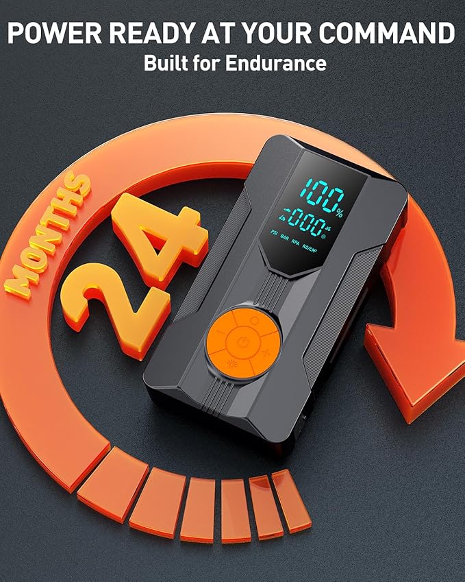 Jump Starter with Air Compressor, Car Battery Jump Starter (8.0 Gas/7.0L Diesel), Battery Jumper Starter Portable Jump Box, 12V Portable Car Jump Starter with Tire Inflator, LED Light