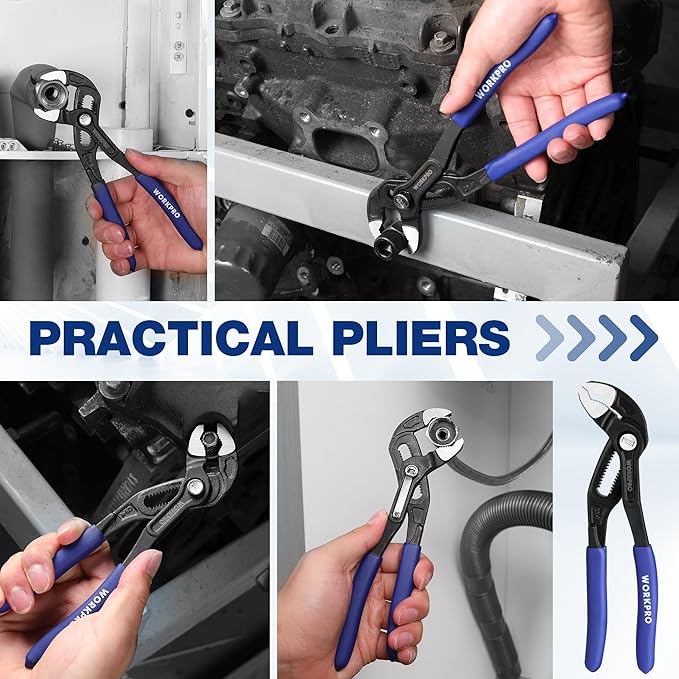 WORKPRO Groove Joint Pliers, 7" Water Pump Pliers, Upgraded 42mm Wide Opening, V-Jaw Tongue and Groove Plier for Home and Industrial Repair, CR-V, Dual Serrated, Quick Adjustable
