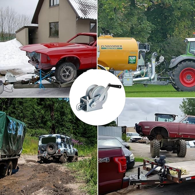 Heavy Duty Hand Winch 1200 lbs with 32 ft Steel Wire Rope, Hand Crank Strap Gear Winch with Steel Wire, for ATVs Boats Trailers Trucks Auto Marine