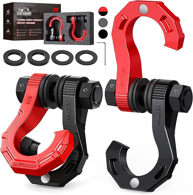 DAYDOOR 3/4" D Ring Shackles, Heavy Duty D Ring Shackles with 7/8 Pin, 45,000 lbs Break Strength Easy Open Towing Shackle for Off-Road Recovery, Winch, Trucks, Jeep, SUV & ATV (2 Pack)(Red)