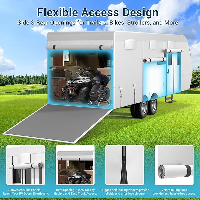 600D Oxford Fabric RV Cover 33-35ft Travel Trailer Cover, 6 Layers Waterproof Rip-Resistant Anti-UV Motorhome Camper Cover with Tongue Jack Protection, Tire Covers, Windproof Straps