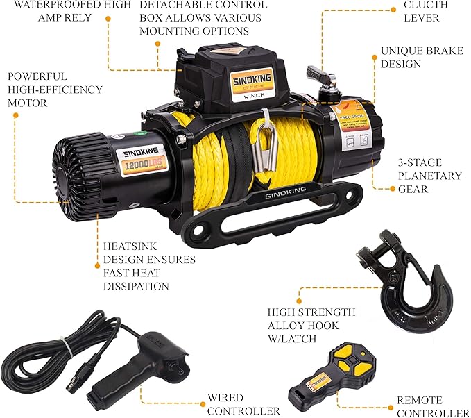 SINOKING 12V Electric Winch 12000 lb. Waterproof Synthetic Rope Offroad Winch with Wireless Remote Control for 4WD Vehicle