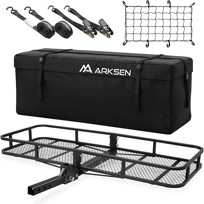 ARKSEN 60 x 23 x 5.5 Inch Folding Hitch Cargo Carrier with Cargo Bag, Nylon Net, 2 Ratchet Straps, 500 Lbs Capacity Heavy Duty 2 Inch Receiver Luggage Basket for SUV, Pickup Truck, Camping & Travel