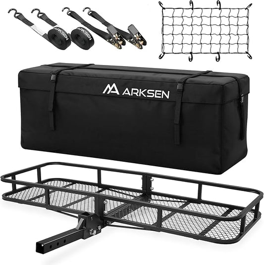 ARKSEN 60 x 23 x 5.5 Inch Folding Hitch Cargo Carrier with Cargo Bag, Nylon Net, 2 Ratchet Straps, 500 Lbs Capacity Heavy Duty 2 Inch Receiver Luggage Basket for SUV, Pickup Truck, Camping & Travel