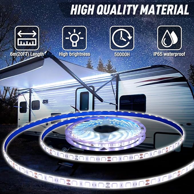 RV Awning Light,12V 20FT Camper Awning Lighting,Waterproof LED Strip,Exterior Underglow Lighting for RV Motorhome Travel Trailer Food Truck Outdoor Party (White, 20FT)