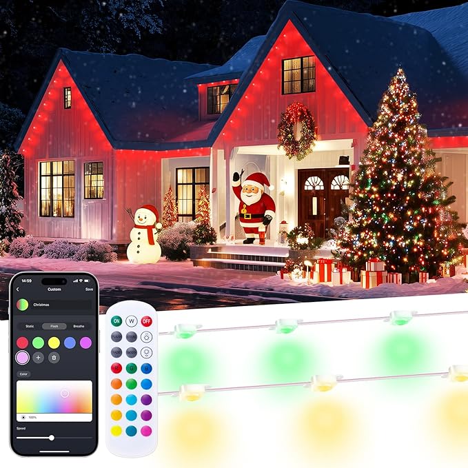 150FT Permanent Outdoor Christmas Lights for House, APP & Remote Control RGB LED Strip, IP67 Waterproof Eave Lights with DIY Colors for Halloween, Garden, Patio Decor