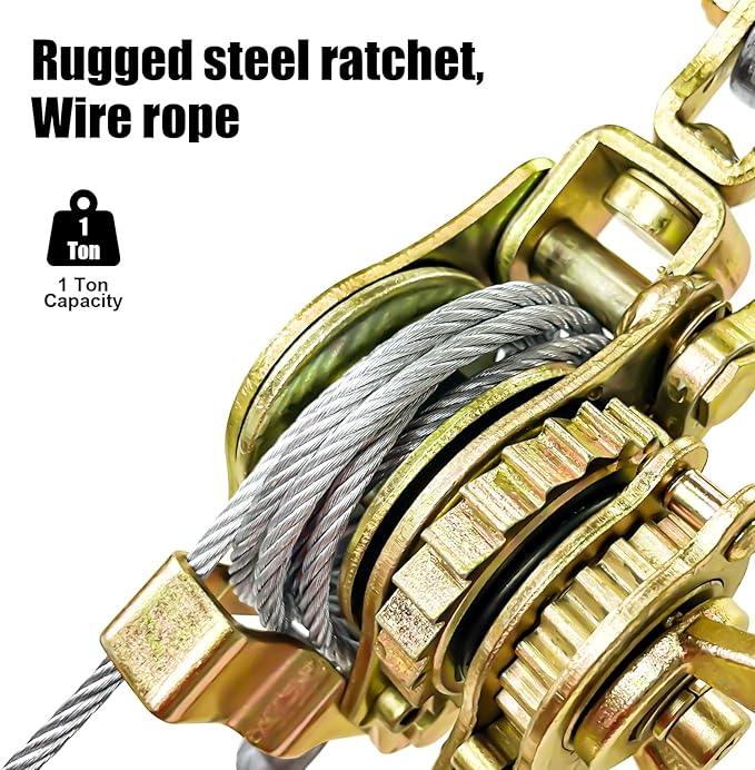Come Along Winch 1-Ton Heavy Duty with 6.56ft Steel Cable & 2 Hooks - Dual Gear Power Puller Tool for Automotive Hoisting and Construction Lifting