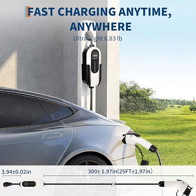 Level 2 EV Charger, 40A 240V Voltage, NEMA 14-50 Plug, 25 ft Cable, Adjustable Current/Delay Timer, SAE J1772 Listed Portable Electric Car Charger for Indoor/Outdoor Use, WiFi Enabled