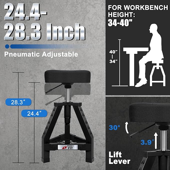 Adjustable Shop Stool,Garage Mechanic Stool Chair,Work Seat for Workshop, Adjustable Height, 360° Swivel Padded Square Seat,Tool Storage, 350 LBS Capacity, Heavy Duty, Black