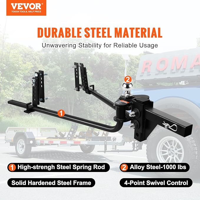 VEOVR Weight Distribution Hitch, 1,000 lbs Weight Distributing Hitches Kit with Sway Control for Trailer, 2-in Solid Steel Shank, 2-5/16 in Alloy Steel Ball, Powder Coated Load Leveling Hitch, Black