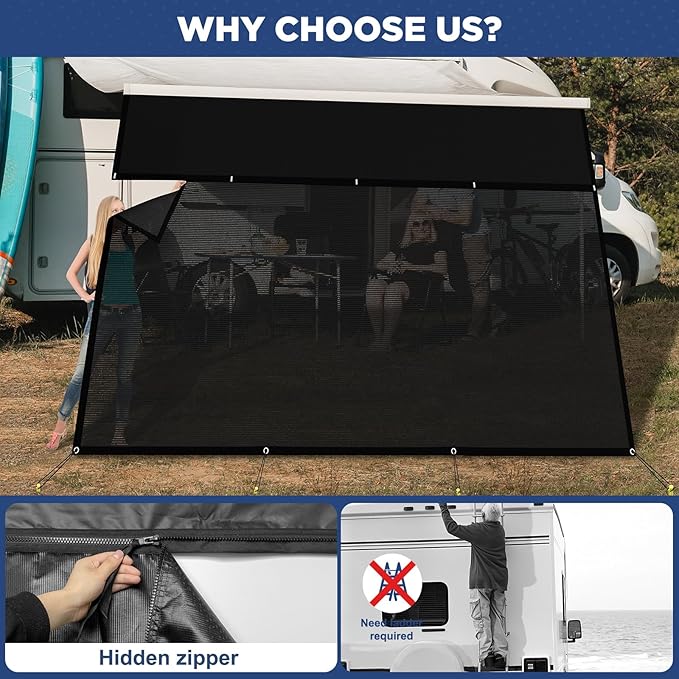 RV Awning Sun Shade Screen with Zipper 9' X 10'3",600D Oxford Cloth + Vinyl Mesh,Sunscreen Shade Complete Kits for Camper Trailer Awning,Black