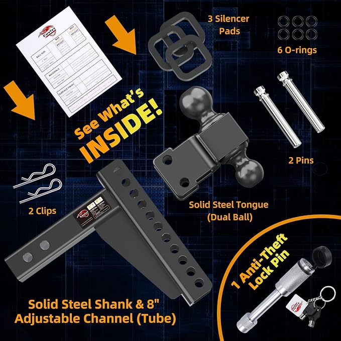 Adjustable Trailer Hitch -Drop Hitch (Fits 2-Inch Receiver) -8" Drop/Rise Tow Hitch, 2" & 2-5/16" Ball Hitches for Trucks -21,500 GTW Hitch Ball Mount with Anti-Theft Locking Hitch Pins