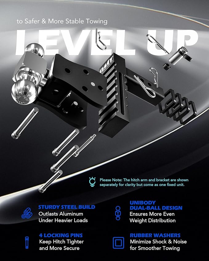 Orion Motor Tech Adjustable Trailer Hitch, Fits 2" Receiver, 5" Drop Hitch with 2" & 2-5/16" Balls, Anti-Theft Steel Tow Hitch Stowable Ball Mount with 15000 lb GTW for Class III & IV Vehicles