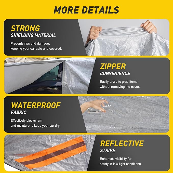 Caromop 10-Layer Waterproof Car Cover All Weather Protection (Snow, Rain, Sun) with Secure Fit Straps and Easy On/Off Zipper-Size T5 (See Size-Chart)
