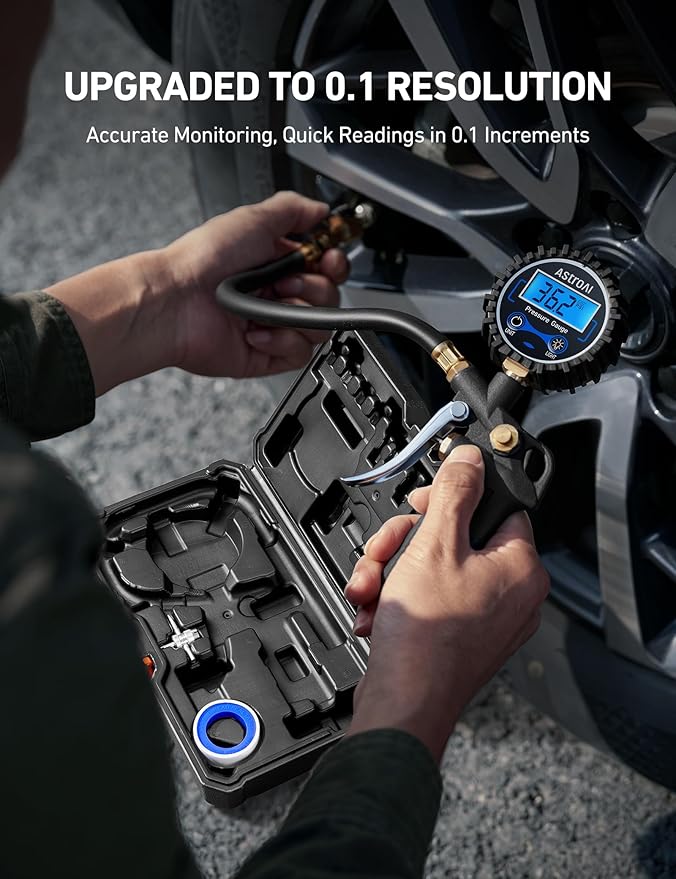 AstroAI Digital Tire Pressure Gauge with Inflator, 3-250 PSI Air Chuck & Compressor Accessories Heavy Duty with Quick Connect Coupler, 0.1 Display Resolution (Standard with Case)