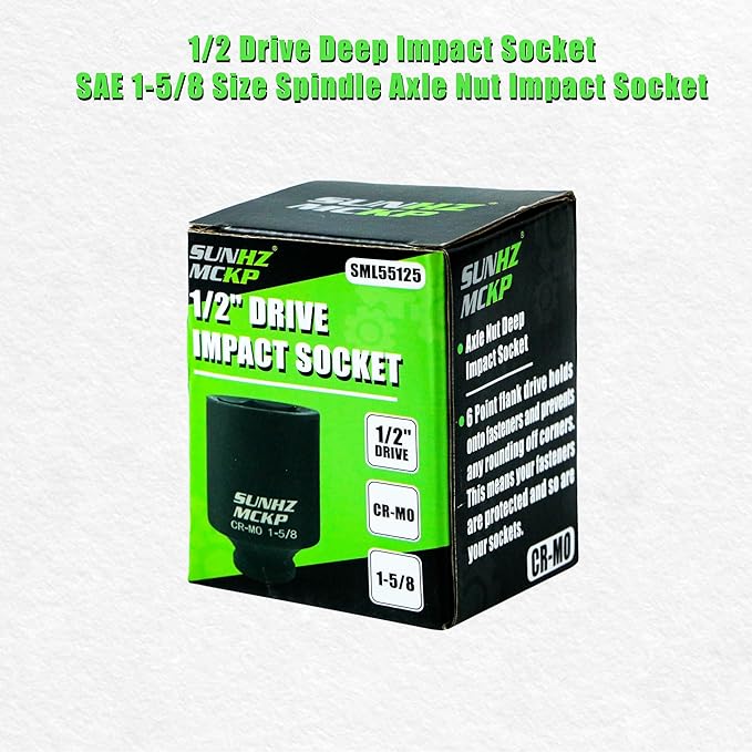 SUNHZMCKP 1/2 Inch Drive Impact Socket, SAE 1-5/8 In Deep 6 Point Socket, CR-MO, Axle Nut Impact Grade Socket for Easy Removal
