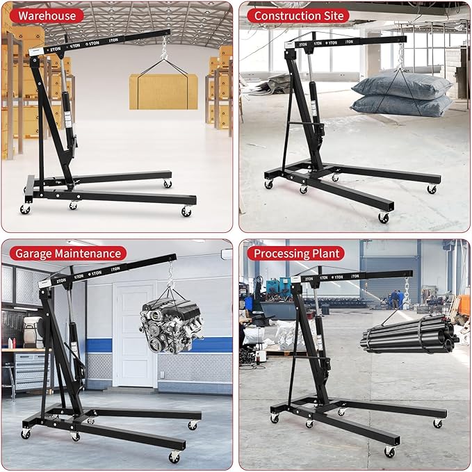 2-Ton Folding Engine Hoist Cherry Picker 4400 Lb Capacity Hydraulic Shop Crane with Telescoping Boom 6 Caster Wheels for Automotive Repair Garage Use Includes Hitch and Storage Stand Black