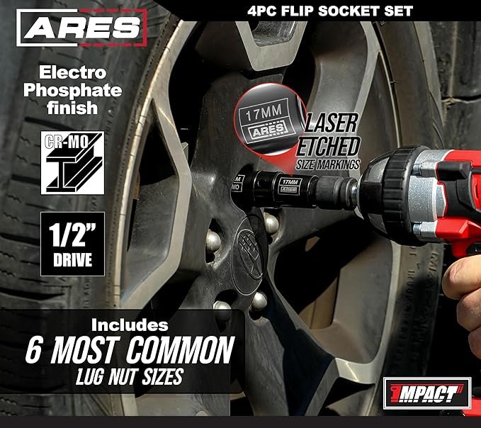 ARES 70056-1/2-inch Drive 4-Piece Flip Lug Nut Socket Set - Includes 17mm, 19mm, 21mm Metric Sizes & 3/4-Inch,13/16-Inch, 7/8-Inch SAE Sizes - Impact Grade Chrome-Moly Steel Ensures Lifetime Use