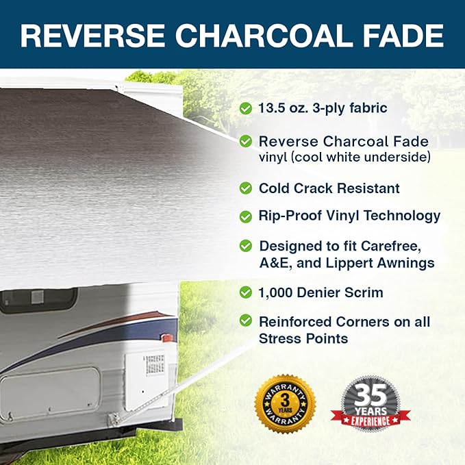 Shade Pro RV Awning Fabric Replacement | Durable Premium Grade Vinyl (16' [Fabric 15' 2"], Reverse Charcoal Fade) Camper Shade Awning Canopy