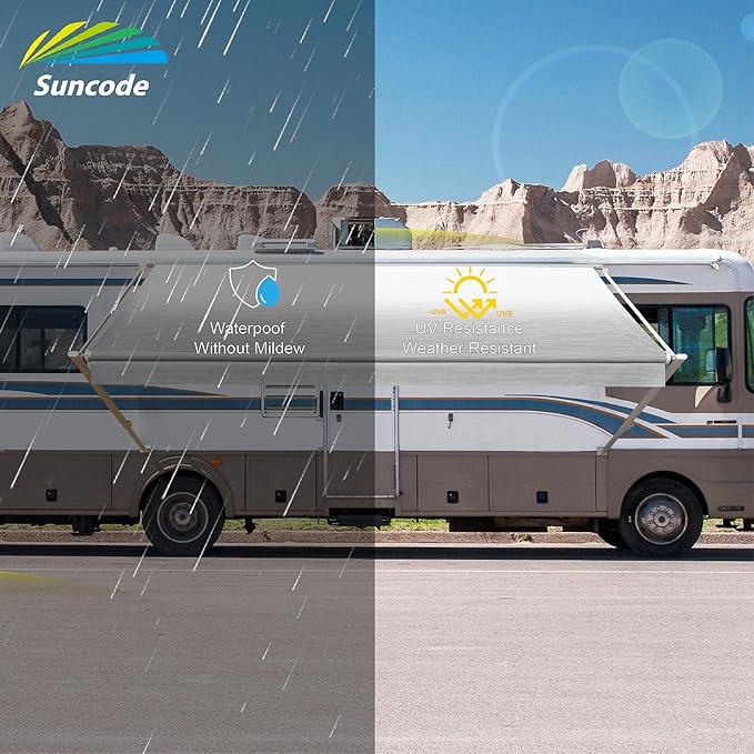 Suncode Manual RV Awning White Modular Retractable Awning Complete Kit for RV,5th Wheel,Travel Trailers,Toy Haulers,Motorhome RV Trailer Awning for Home or Camper-13x8Ft-Burgundy Fade