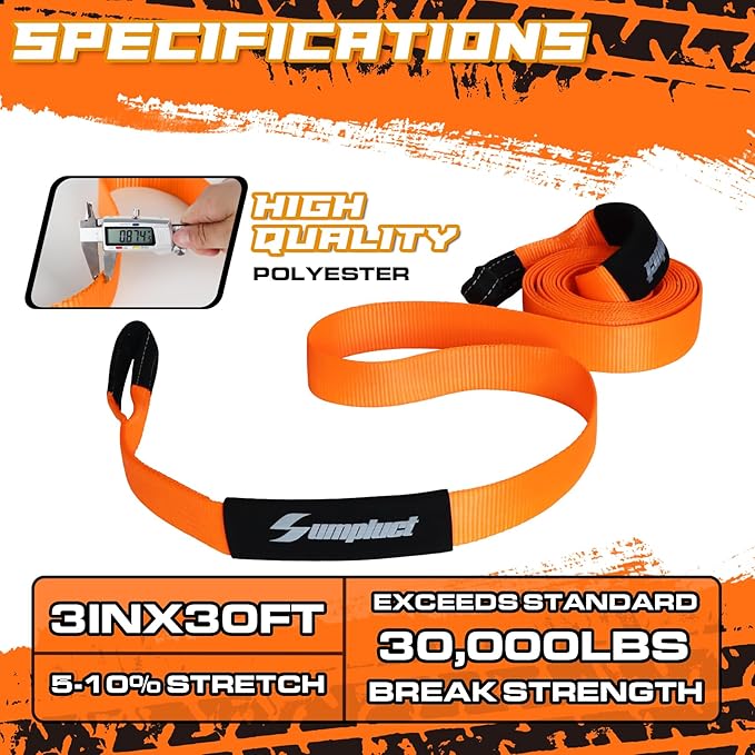 Recovery Tow Strap 3in X 30ft Exceed Heavy Duty 36580 lbs Break Strength, Use for Emergency Towing Rope, Tree Saver, Winch Extension, Triple Reinforced Loops,Car Accessories
