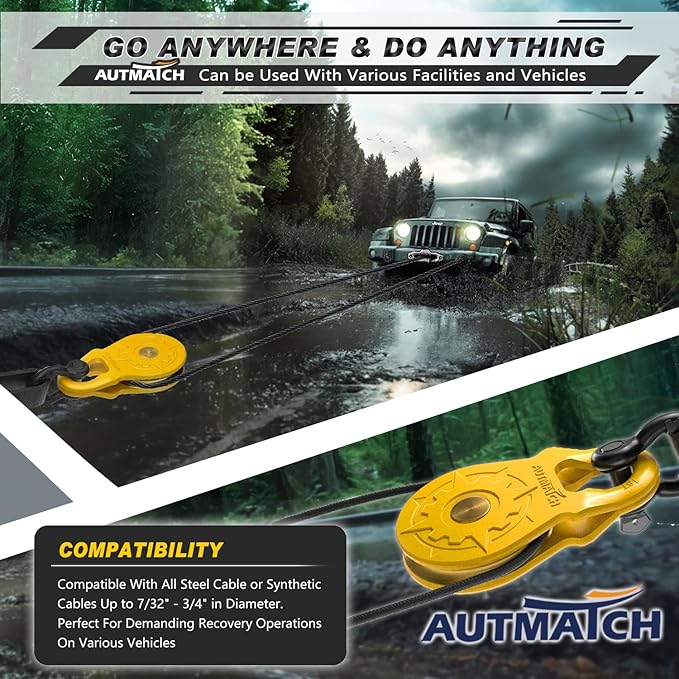 AUTMATCH Winch Snatch Block 18 Ton - Winch Pulley (79,366 Lbs) Break Strength, Heavy Duty Off Road Recovery Towing Pulley Blocks for Synthetic Rope or Steel Cable, Truck, UTV, ATV, Yellow