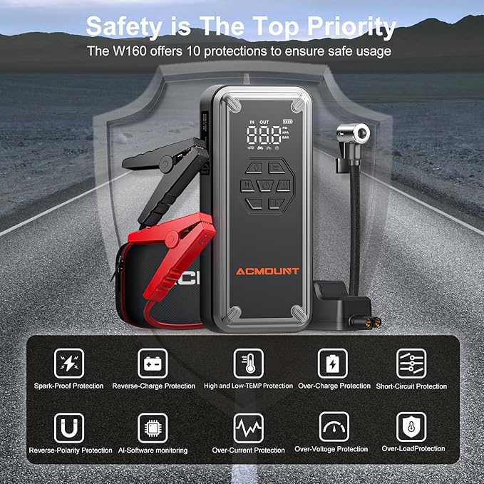 Acmount W160 Jump Starter with Air Compressor, 5000A Portable Car Jump Starter 150PSI Tire Inflator/Air Pump, 12V Battery(Up to 9L Gas/8L Diesel Engine) Jump Pack, Car Emergency Kit, Idea Gift for Man