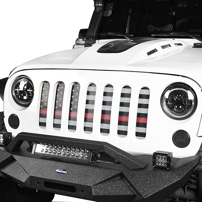 Hooke Road Wrangler Flag Grill Insert JK Mesh Grille Deflector Guard Compatible with Jeep JK Wrangler 2007-2018 - Thin Red