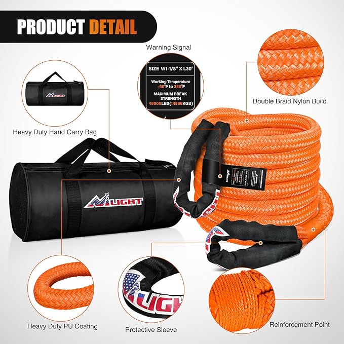 Nilight Kinetic Recovery Rope 48000 LBS 1-1/8in x 30ft Snatch Strap Heavy Duty Offroad Towing Starp Kit Vehicle Recovery kit for UTV ATV SUV Truck Car Jeep Tractor