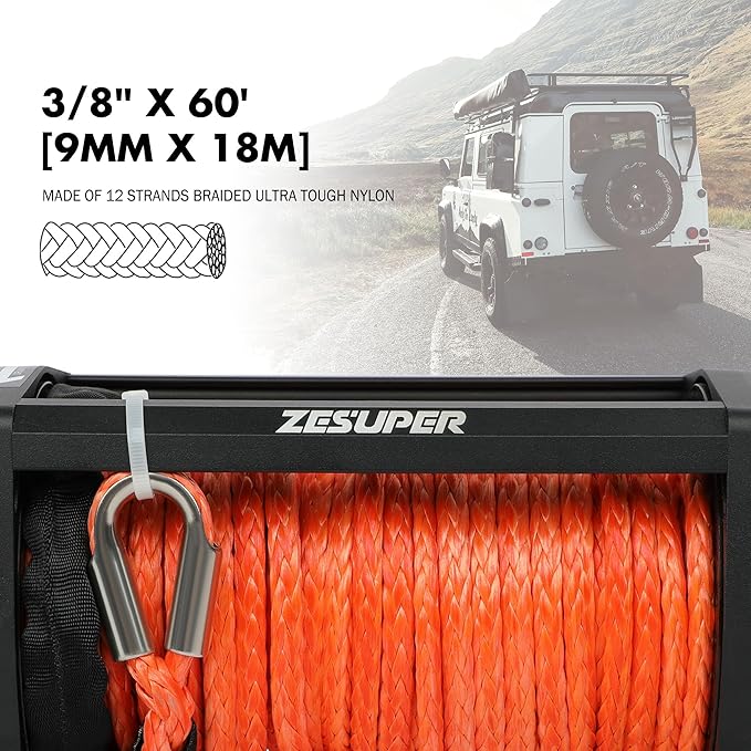ZESUPER 9500 lb Electric Winch,12 Volt Winch with Wireless Handheld Remotes and Wired Switch,Hawse Fairlead,Hook,Synthetic Rope Waterproof IP68 Winch for Jeeps,SUV,Trailer Truck