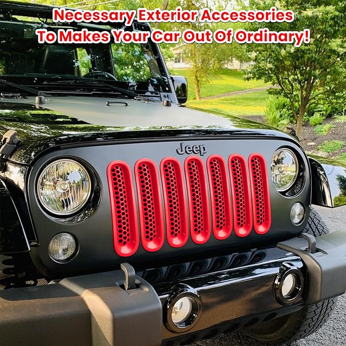 7PCS Front Grill Mesh Inserts for Jeep Wrangler JK JKU Unlimited 2007 2008 2009 2010 2011 2012 2013 2014 2015 2016 2017 2018 Grille Guard Cover Trim Clip-in Exterior Accessories (Matte Red)