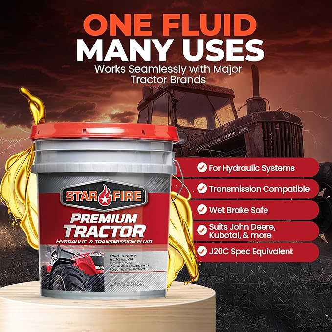 STARFIRE Premium Tractor Hydraulic & Transmission Fluid – 5 Gallon Pail – Multi-Purpose Hydraulic Oil for Tractors, Wet Brakes & Off-Highway Equipment – J20C Spec Equivalent