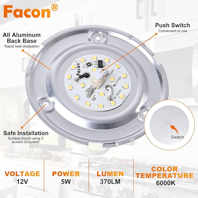 Facon 4.5" LED RV Puck Light Surface Mount - 2Pack, SY-SM45 12V RV Dome Light with Switch, 370LM Daylight White (6000K), Ideal for RVs, Motorhomes, Campers, Marine Vehicles