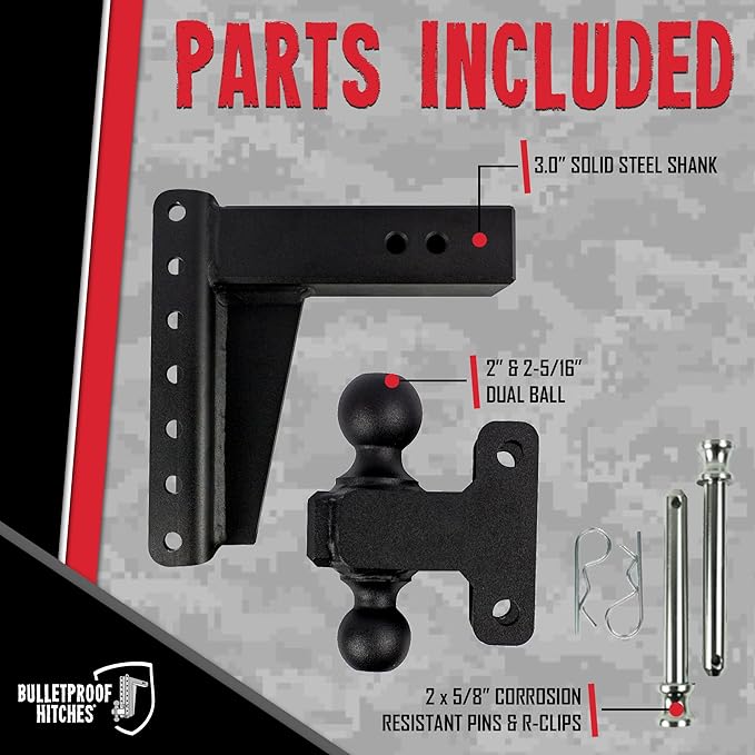 BulletProof Hitches - 3.0" Adjustable Heavy Duty Trailer Hitch (22,000 lb. Rating) - 8" Drop/Rise Trailer Hitch with 2" & 2-5/16" Dual Ball - Powder Coat, Solid Steel, Corrosion-Resistant