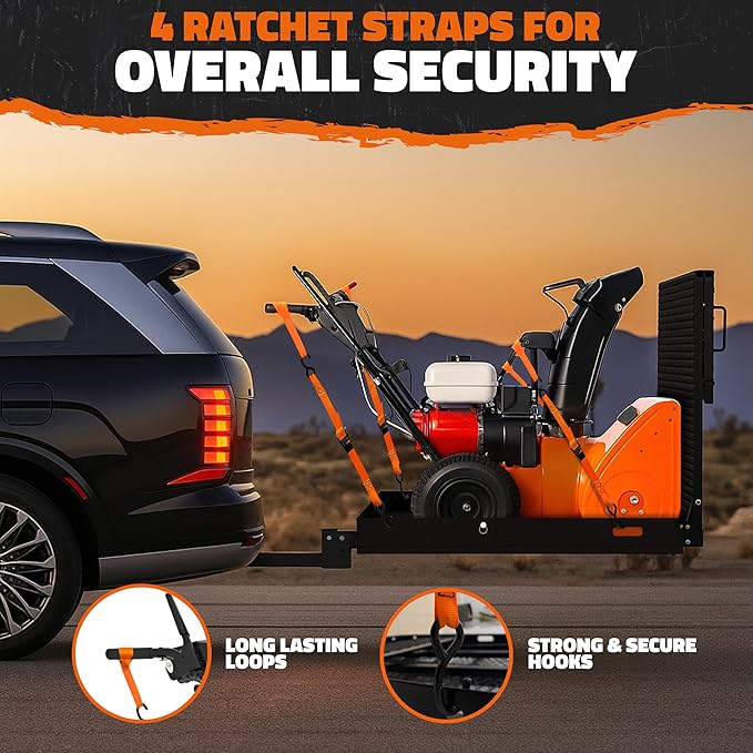 Mockins 40"x40"x4" Square Heavy Duty Trailer Hitch Cargo Carrier with Ramp | 500 Lbs. Cap Weatherproof Steel Scooter Rack for Car, SUV, Truck, Van, RV | Wheelchair Carrier for Car Hitch w/Accessories