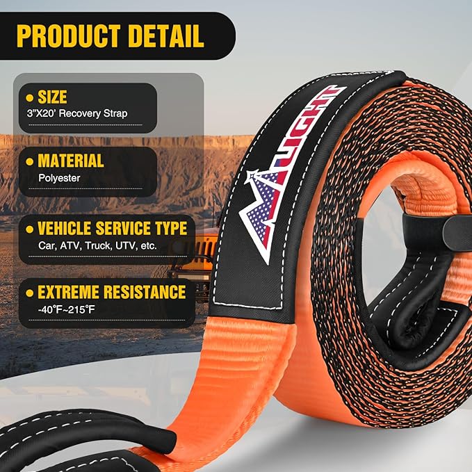 Nilight 3" x 20' Recovery Tow Strap Kit with 2Pcs 3/4" Anti-Theft D-Ring Shackles and Storage Bag Tow Rope for Car Truck SUV ATV (MBS 31500LBS)