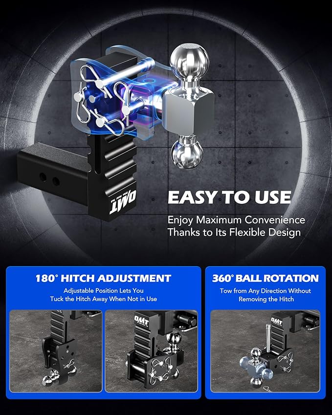 Orion Motor Tech Adjustable Trailer Hitch, Fits 2.5" Receiver, 5" Drop Hitch with 2" & 2-5/16" Balls, Anti-Theft Steel Tow Hitch Stowable Hitch Rotatable Ball Mount, 20000 lb GTW for Class V Vehicles