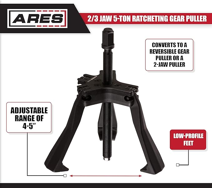 ARES 70434 - Reversible 2/3 Jaw 5-Ton Ratcheting Gear Puller - Chrome Moly Steel Construction - 4-Inch to 5-Inch Adjustable Range - Removes Gears, Pulleys, and Flywheels