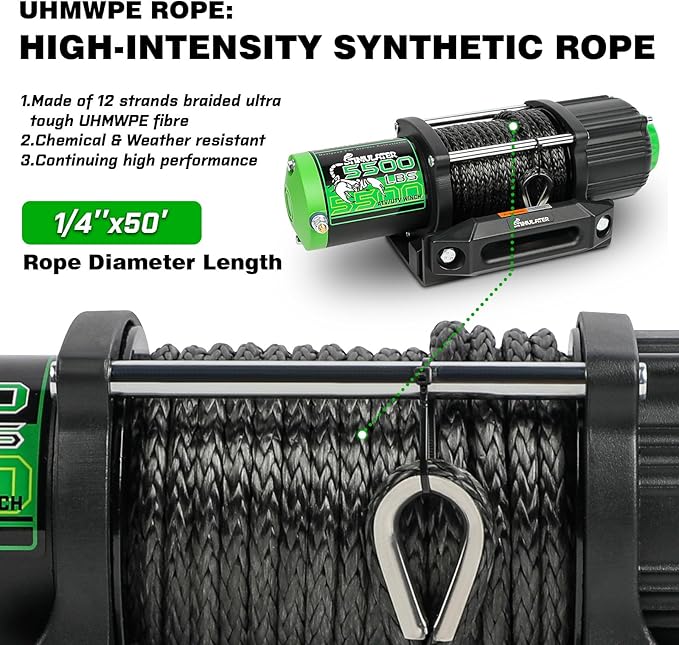 STIMULATER 5500LB ATV/UTV Winch,12V Electric Winch,Winch with 1/4'' x 50' Synthetic Rope,with Wireless Remote and Wired Switch,with Hawse Fairlead&Hook,IP67 Waterproof,Suitable for Most ATVs and UTVs