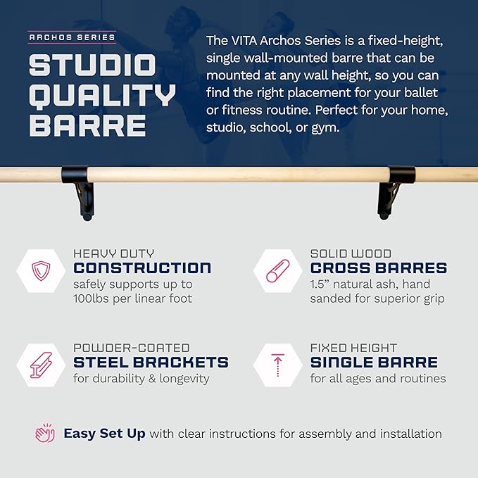 VITA Barre Wall-Mounted Single Ballet Barre, Archos, Wood | Fixed Height, Made in USA, Home, Studio or Gym Exercise Equipment for Kids & Adults | Dance, Fitness, Pilates