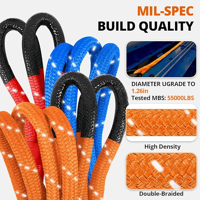 Kinetic Recovery Tow Rope - 1.26" x30FT 55000LBS Reflective Heavy Duty Snatch Strap Kit with Soft Shackles for Offroad Pulling Truck SUV UTV ATV Car Jeep - Orange