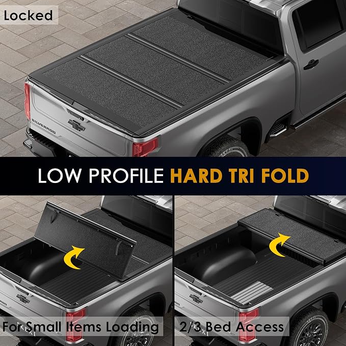 Low Profile Hard Tri Fold Tonneau Cover Truck Bed Cover for 19-26 Chevy Silverado/GMC Sierra 1500 5.8ft Bed, Heavy-Duty Locking Drill-Free Install Waterproof Fiberglass Anti-Theft Security (69.3")